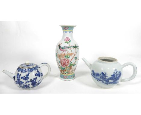 A blue and white Chinese teapot and another lacking cover, together with a vase (3)Lidless teapot – some dirt marks to base a