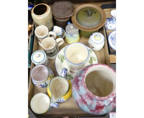 A box containing Poole Pottery studio wares, reproduction mocha ware mugs, stoneware ceramics etc