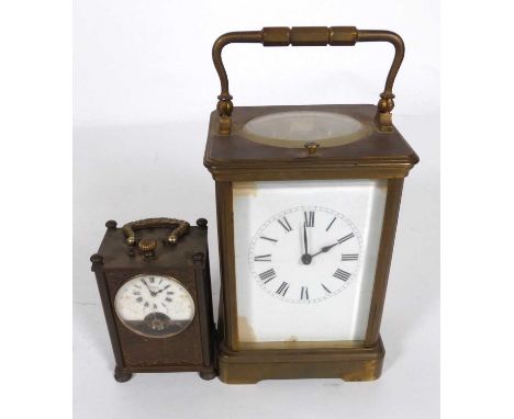 A lacquered brass carriage clock, with push repeat, together with a miniature carriage clock (2)Smaller example - ticking, no