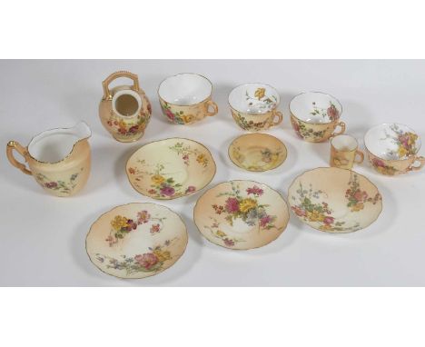 A collection of Royal Worcester blush ivory tea wares, to include four cups and saucers, milk jug, sugar bowl, and miniature 