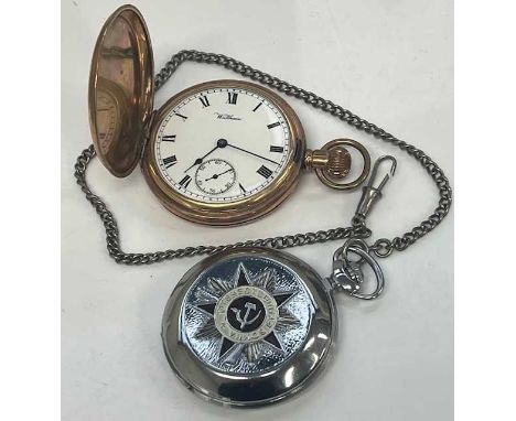 A Waltham gold plated gent's full hunter keyless pocket watch, together with a Soviet metal case pocket watch (2)