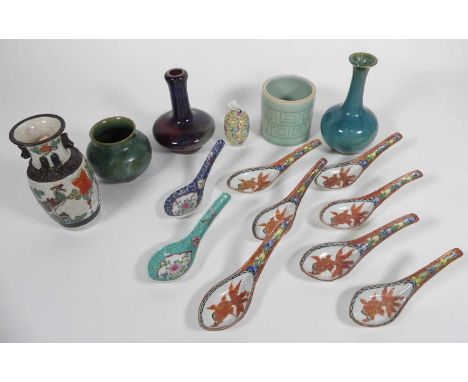 A collection of Chinese ceramics; turquoise bottle vase, squat vase, rice spoons, etc (qty).One goldfish spoon has been damag