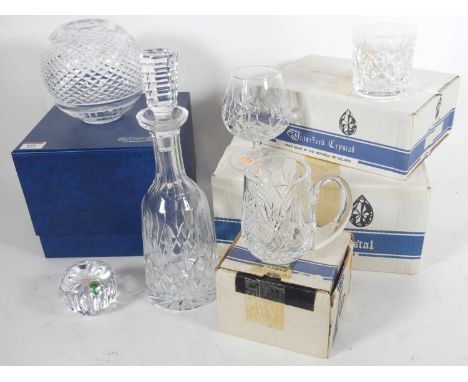 A collection of Waterford crystal, mostly boxed, to include whisky glasses, decanter, vase etcThe whisky glasses have small i