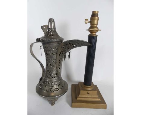 A metal dalah coffee pot together with a doric column table lamp on steeped pedestal base (2)
