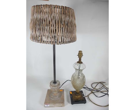 A wooden lamp with wicker shade, together with a glass and gilt metal example on marble base