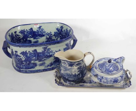 A reproduction blue &amp; white foot bath, together with blue &amp; white tray jug and teapot