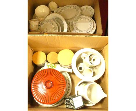 Six boxes of ceramics, to include Portmeirion Botanic Garden storage jars, Denby teawares, etc