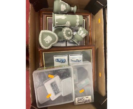 A box of miscellaneous items to include Wedgwood jasperware, sporting prints, Lotus sporting prints and various fly fishing i