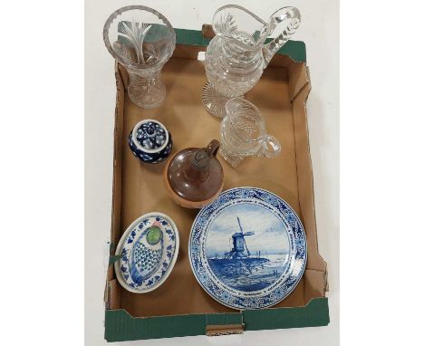 A collection of ceramics and glassware to include a contemporary Delft plate, a Doulton Lambeth salt glazed stoneware bottle 