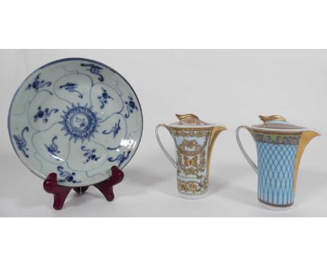 A Chinese blue and white plate with wax seal to base, together with two miniature Rosenthal Versace coffee pots