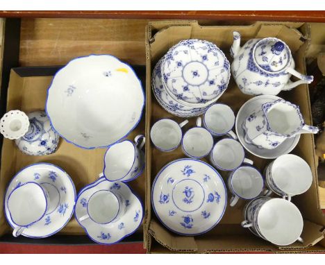 A Copenhagen half lace blue and white decorated part tea service, together with a Meissen part coffee service, decorated in b