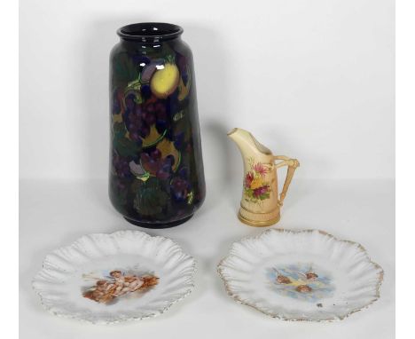 A Royal Worcester blush jug together with two Victorian plates and a Royal Stanley vase, height 31cm, and an Italian marquetr