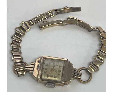 An Art Deco Benson of London lady's 9ct gold cased manual wind cocktail watch, case w.15mm, on 9ct gold bracelet, 13.5g 