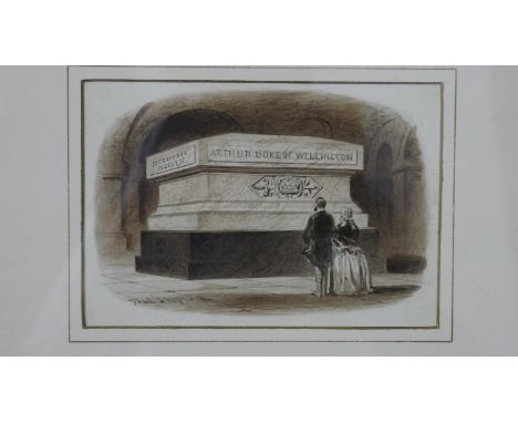 A 19th century watercolour sketch, Queen Victoria and Albert at the tomb of Wellington, signed Fred Shepherd. H.30 W.34cm 