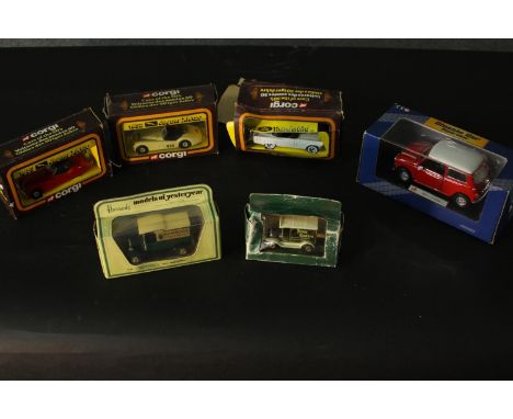 Six vintage boxed die cast cars, including a boxed Corgi 1953 Jaguar XK120, a Matchbox Harrods delivery van and other cars. 