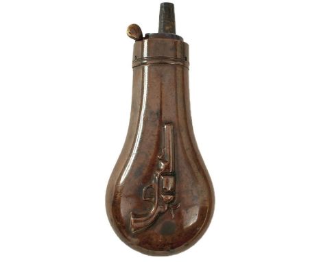 AN EMBOSSED COPPER POWDER FLASK, the varnished copper body decorated with a revolver to the front. Riling 454.