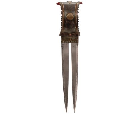 A 19TH CENTURY DOUBLE BLADED INDIAN DAGGER, the sheet metal guard with applied brass decoration, together with two Indian axe