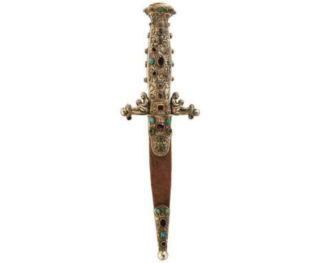 AN ORNATE 19TH CENTURY ROMANTIC DAGGER, 11cm flattened diamond section blade, tip rounded, the white metal hilt chiselled ove