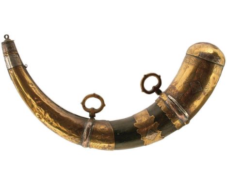 THREE VARIOUS NORTH AFRICAN POWDER HORNS, each of natural curving form with ornate brass mounts, together with a North Africa