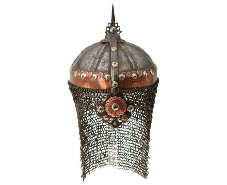 AN 18TH CENTURY INDIAN (LAHORE) KULA KHUD OR HELMET, characteristic shallow skull with radiating ribs, architectural copper b