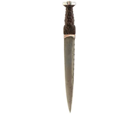 A WHITE METAL MOUNTED SCOTTISH DIRK IN THE 18TH CENTURY MANNER, 25.5cm fullered blade with faceted back edge, characteristic 