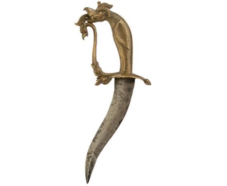 A SOUTHERN INDIAN YALI HILTED DAGGER, 17cm recurving blade with reinforced tip, characteristic brass hilt decorated with myth