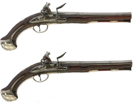 A FINE PAIR OF MID 18TH CENTURY 16-BORE SILVER MOUNTED FLINTLOCK HOLSTER PISTOLS BY HARVEY, 10inch two-stage slightly swamped