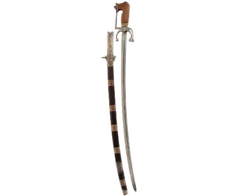 A LATE 18TH OR EARLY 19TH CENTURY NORTH AFRICAN NIMCHA OR SWORD, 86.5cm European fullered blade incised in the fuller with ta