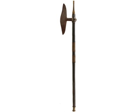 A BRACE OF 19TH CENTURY INDIAN BULLOVA OR FIGHTING AXES, the first with 26cm broad leaf shaped head, 94cm wooden haft with ta