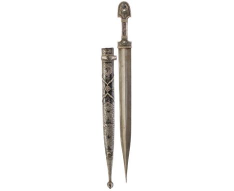 A 19TH CENTURY SILVER NIELLO CAUCASIAN KINDJAL, 35cm flattened diamond section blade, later, characteristic hilt decorated wi