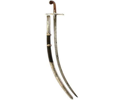 A 19TH CENTURY OTTOMAN SHAMSHIR, 80cm sharply curved fullered blade, characteristic white metal mounted hilt with two-piece r