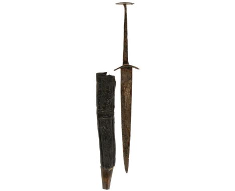 A MEDIEVAL PERIOD DAGGER, 17cm blade, characteristic hilt with down turned guard and disc pommel, contained in its tooled lea