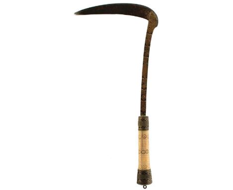 A 19TH CENTURY LOHAR OR AXE, of characteristic sickle form with brass geometric inlays, brass mounted polished bone handle, t