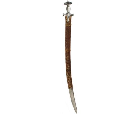 A 19TH CENTURY INDIAN TULWAR, 82.5cm fullered blade incised with five geometric shapes, characteristic hilt with shallow dish