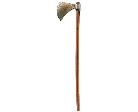 AN 18TH CENTURY CENTRAL INDIAN RIDING AXE, 12cm head chiselled and inlaid with geometric designs in brass, the head collar de