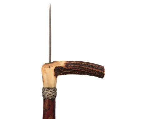 A 19TH CENTURY PRISON GOVERNER'S SPIKE WALKING STICK BY BRIGG, 11cm square section tapering blade stamped BRIGG, characterist