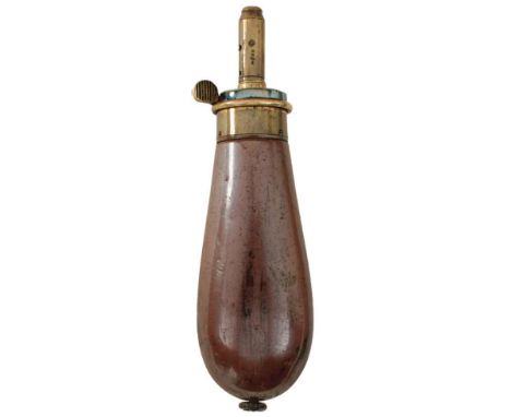 A JAMES-DIXON &amp; SONS COLT POCKET POWDER FLASK, the bag-shaped copper body with traces of lacquered finish, dent to rear a