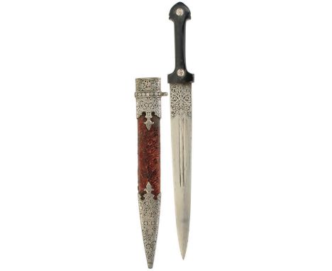 A LATE 19TH OR EARLY 20TH CENTURY OTTOMAN KINDJAL, 27.5cm flattened diamond section double fullered blade decorated with a pa