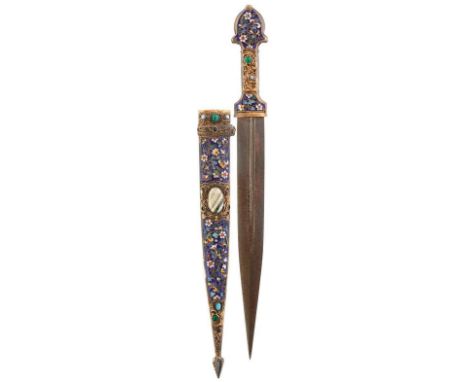 AN EARLY 20TH CENTURY OTTOMAN KINDJAL, 27cm fullered blade struck with a star and crescent mark, gilt brass hilt decorated wi