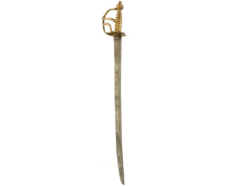 A 1751 PATTERN LANCASHIRE MILITIA HANGER, 61.5cm curved fullered blade with the running wolf and SH stamp to either side, reg