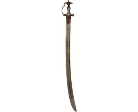 A 19TH CENTURY TULWAR, 81cm curved fullered blade, characteristic steel hilt with dual curving guard and flat disc pommel, to
