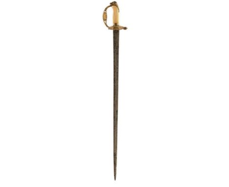 A GEORGIAN SWORD TO COMMODORE DANCE, 80.5cm flattened diamond section fullered blade, gilt washed hilt with upturned shell gu