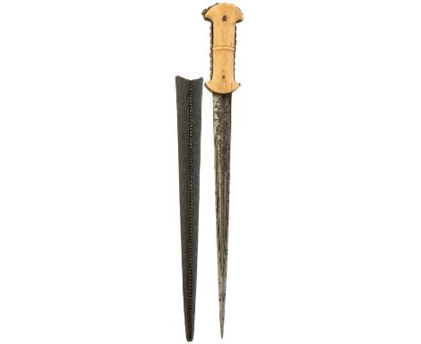 A 19TH CENTURY OTTOMAN OR TURKISH DAGGER, 37.5cm slender tapering damascus blade chiselled with fullers and stylised foliate 