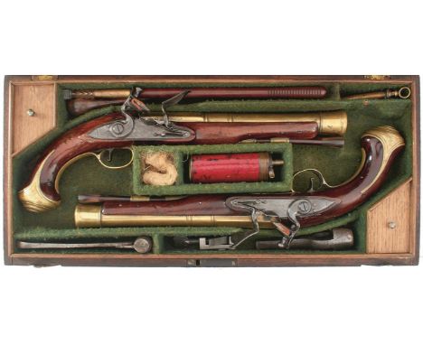 A CASED PAIR OF 6-BORE FLINTLOCK BRASS BARRELLED BLUNDERBUSS PISTOLS BY TAYLER, 9inch four stage ring turned barrels engraved