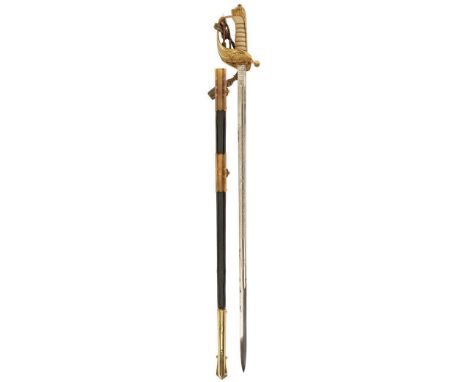 AN EIIR ROYAL NAVAL OFFICER'S SWORD, 78cm blade by Wilkinson, serial no. 75986, etched with scrolling oak leaves, crowned EII