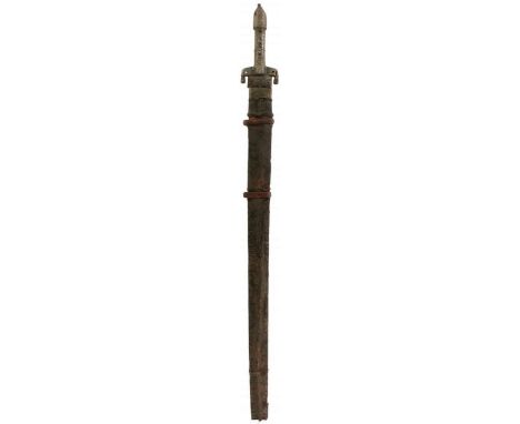 AN OMANI SWORD OR PALLASCH, 68cm triple fullered European style blade, later crude welded hilt, contained in its iron mounted