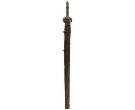 AN OMANI SWORD OR PALLASCH, 68cm triple fullered European style blade, later crude welded hilt, contained in its iron mounted