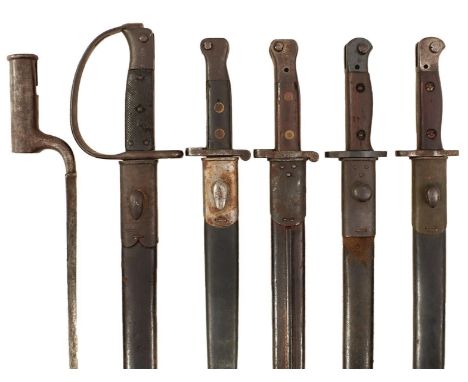 A SMALL COLLECTION OF BAYONETS, to include an Ordnance marked Brown Bess socket bayonet, an 1879 pattern Artillery sword bayo