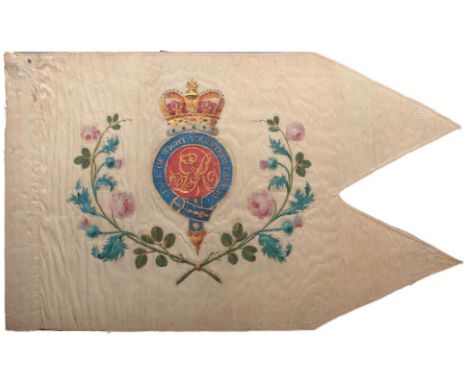 A VERY RARE FRAMED GEORGE III GUIDON TO THE ISLE OF WIGHT VOLUNTEER CAVALRY, the white silk body finely painted to one side w