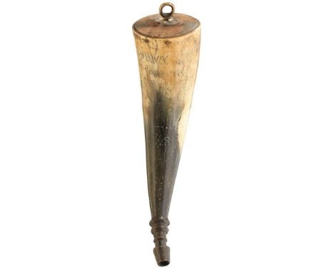 AN 18TH CENTURY KING'S OWN BORDERERS POWDER FLASK, 23cm natural horn body incised KING'S OWN BORDERERS, decorated with variou